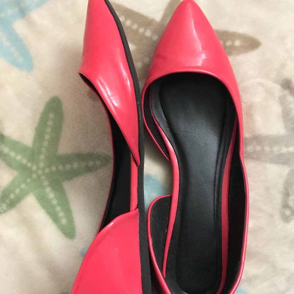 Bright coral pointed toe flats
